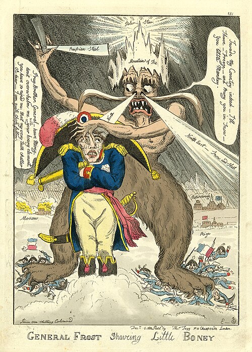 Карикатура Уильяма Элмса «Генерал Мороз бреет маленького Бони» (Лондон, 1812)