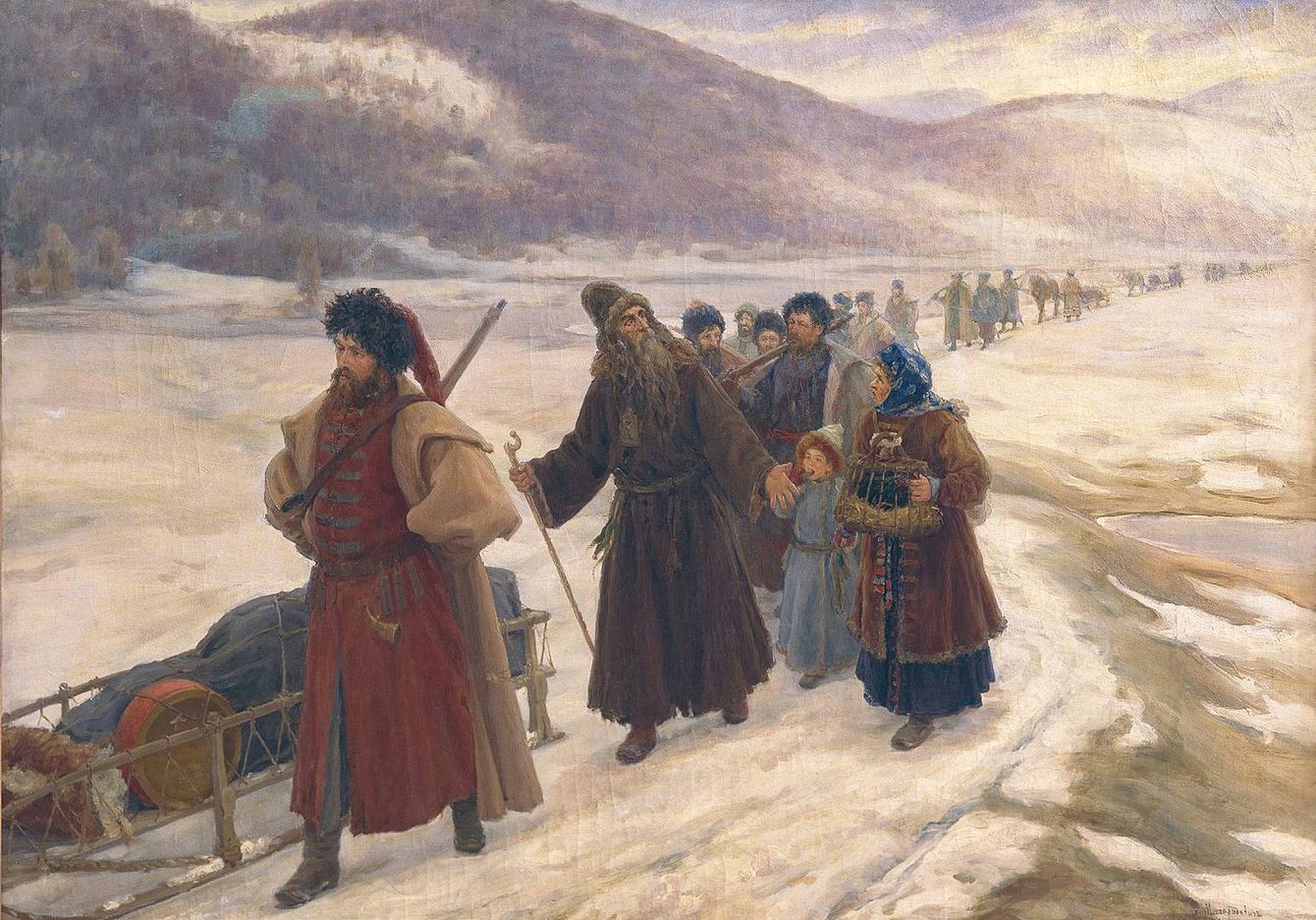 Картина: по снежной долине реки среди гор идёт вереницей группа ссыльных — впереди бородатый человек с посохом в тёмной рясе, за ним женщина в синем платке с ребёнком