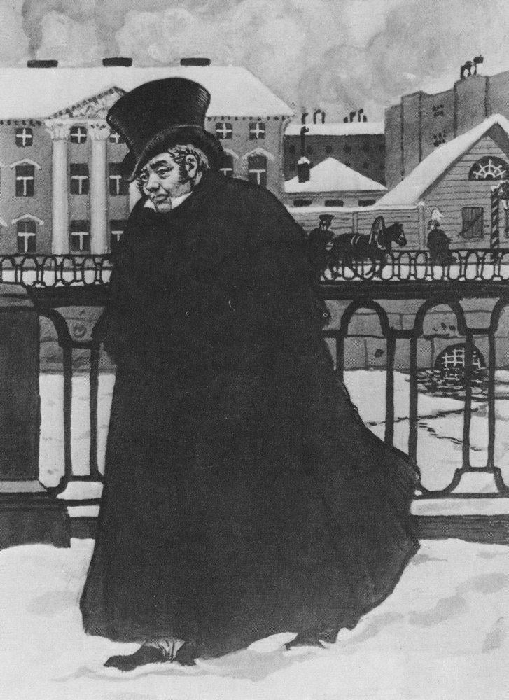 Рисунок: пожилой чиновник в высоком цилиндре и длинной чёрной шинели с меховым воротником идёт по заснеженной набережной; за ним дом с колоннами, извозчик и полосатая будка