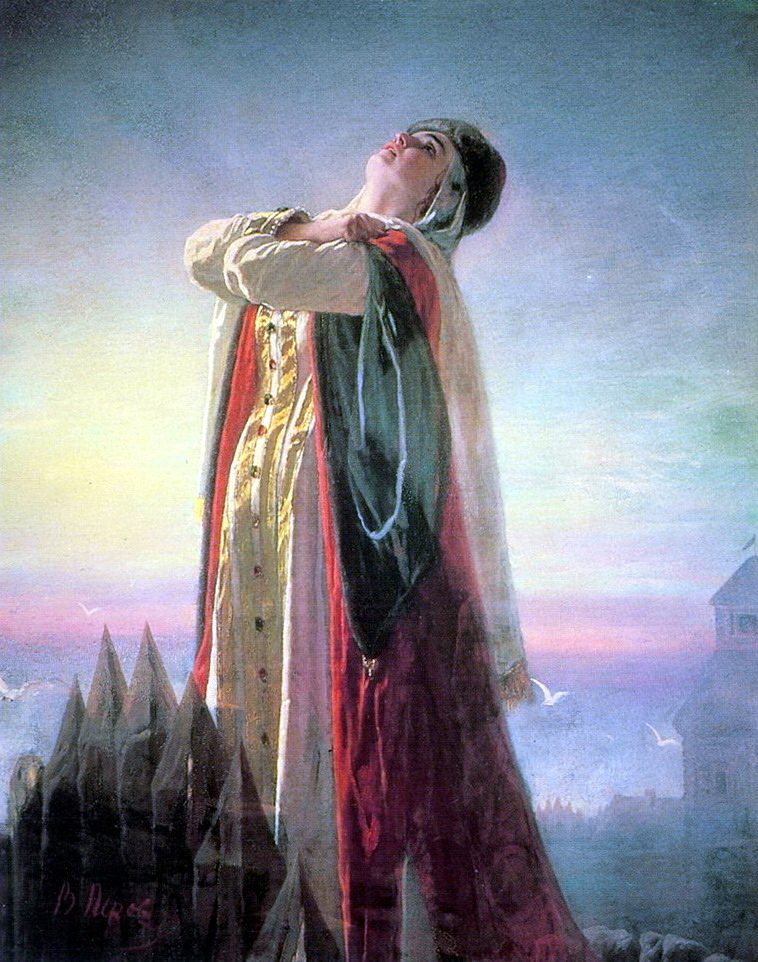Ярославна на городской стене, руки прижаты к груди