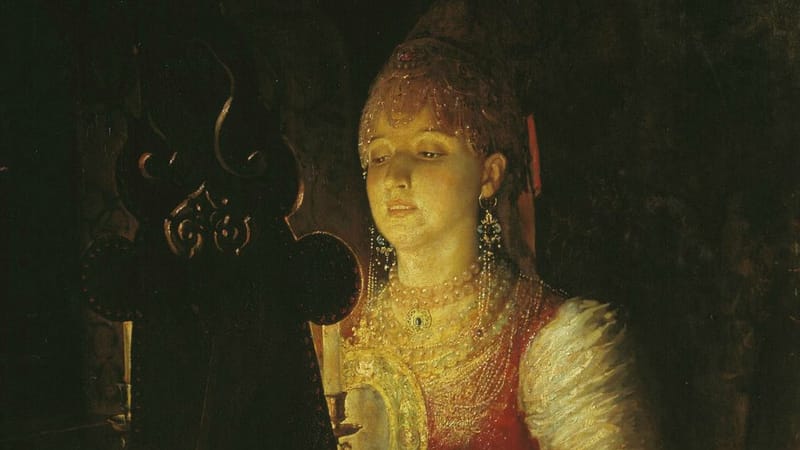 Картина: девушка в кокошнике и жемчугах при свече смотрит в зеркало