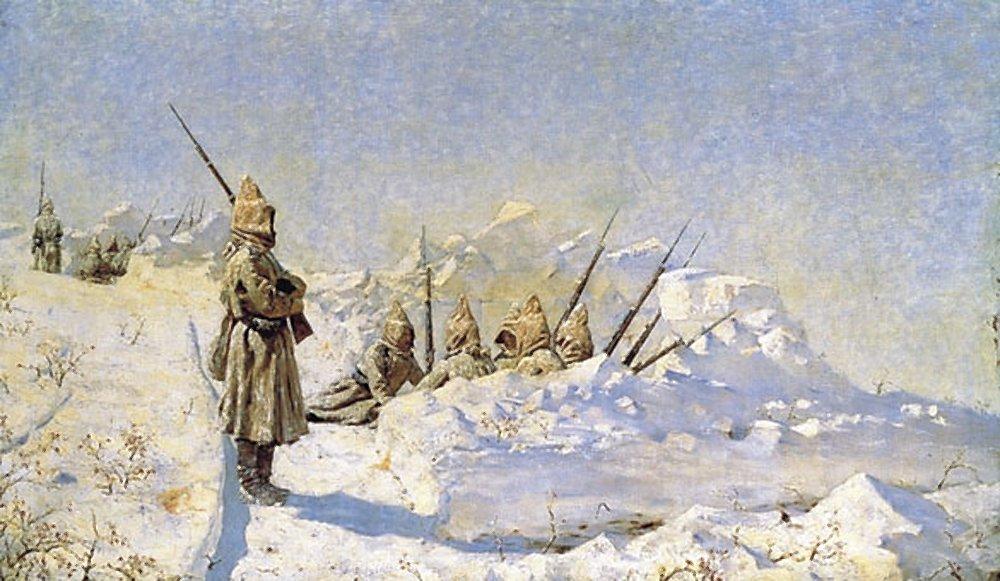 Картина: солдаты в башлыках с ружьями сидят и стоят в снежных траншеях на гребне горы, вдали заснеженные вершины