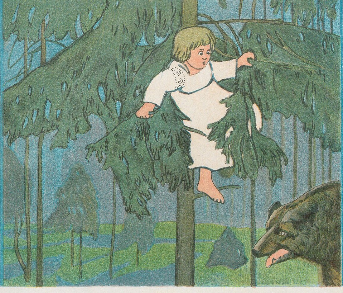 Девочка сидит на ели, внизу медведь