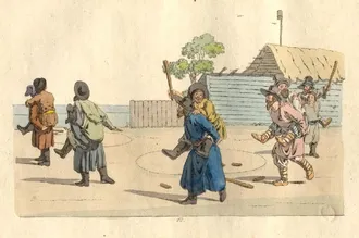 Гравюра 1805 года: игроки с палками у избы, один замахивается