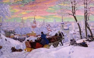 Картина Кустодиева «Масленица» 1916 года: тройка мчится по снегу под розовым закатом