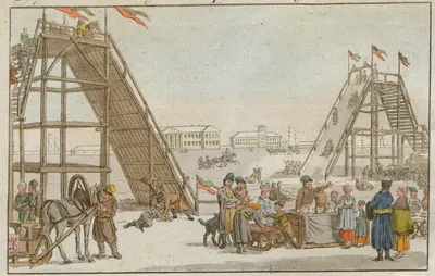 Раскрашенная гравюра 1807 года из немецкой книжки для детей: две ледяные горы с флагами и катающиеся
