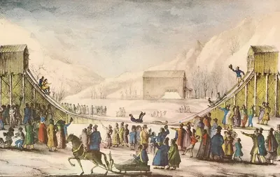 Раскрашенная литография 1830 года: русская гора зимой в стокгольмском парке Юргорден