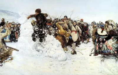 Картина Сурикова «Взятие снежного городка» 1891 года: всадник на коне прорывается через снежную стену, толпа машет руками